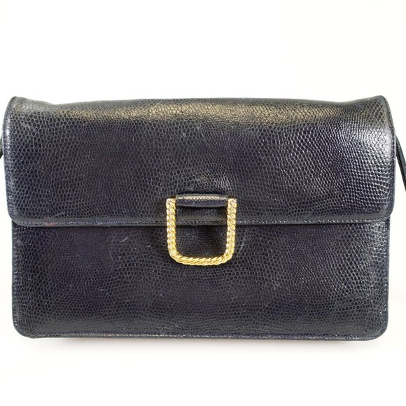 GIVENCHY Bag Leather Crossbody Purse Small Lizard VINTAGE Rare Dark Black Navy - Picture 3 of 12